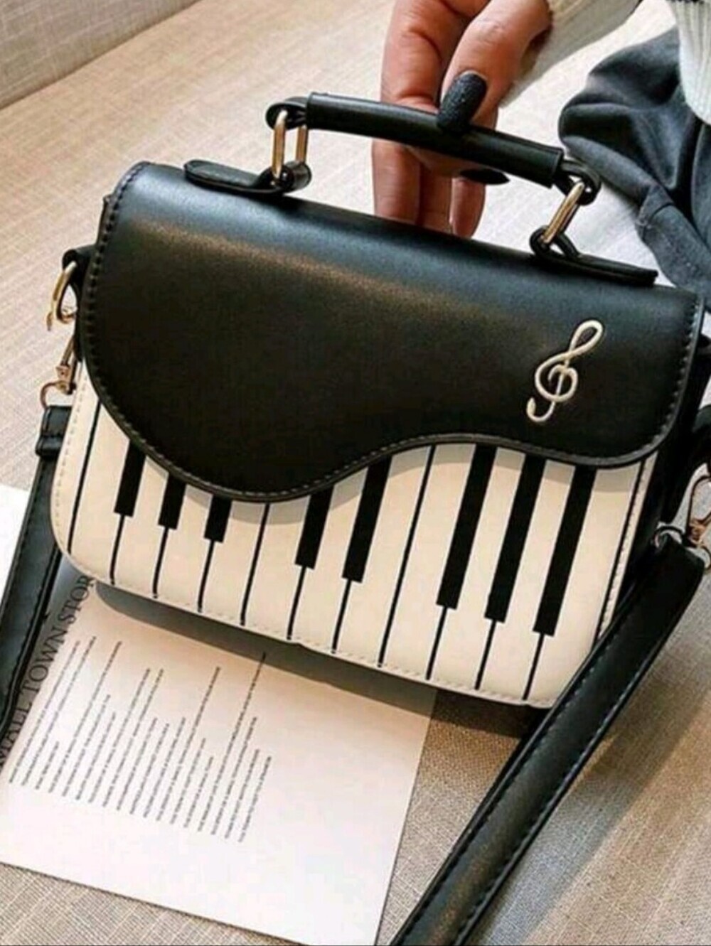 Black & White Piano-Print Crossbody Bag with Treble Clef Accent